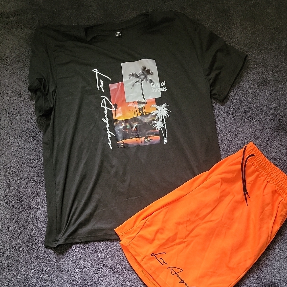 NWOT Los Angeles Graphic Tee and Orange Swim Shorts Set